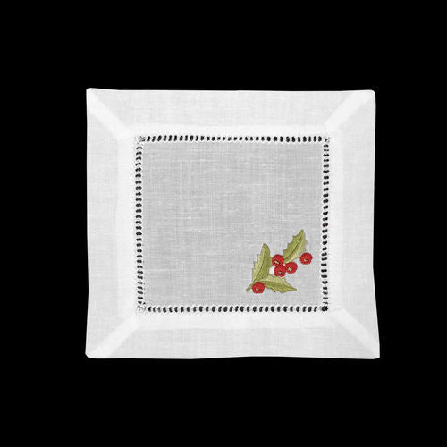 Holly and Hemstitch Cocktail Napkins - Set of 12
